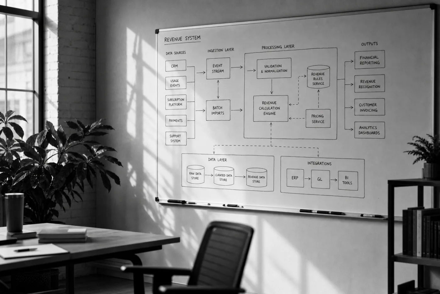 Revenue system architecture on a whiteboard